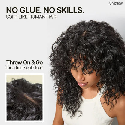 Human Hair Curly Wig with Bangs – Shaggy Waves✨