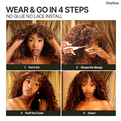 Human Hair Curly Wig with Bangs – Shaggy Waves✨