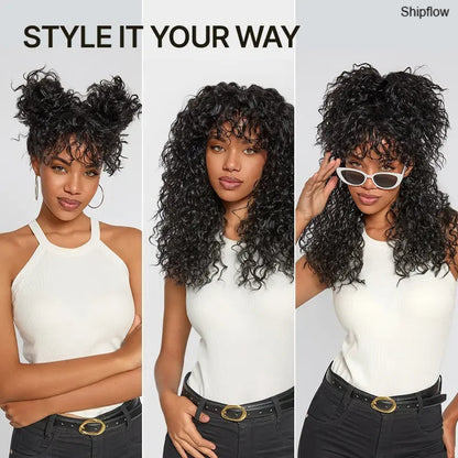 Human Hair Curly Wig with Bangs – Shaggy Waves✨