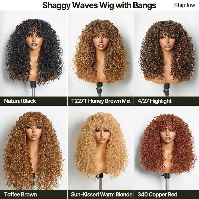 Human Hair Curly Wig with Bangs – Shaggy Waves✨