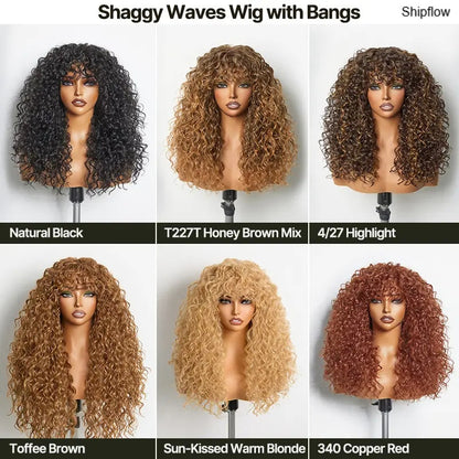 Human Hair Curly Wig with Bangs – Shaggy Waves✨